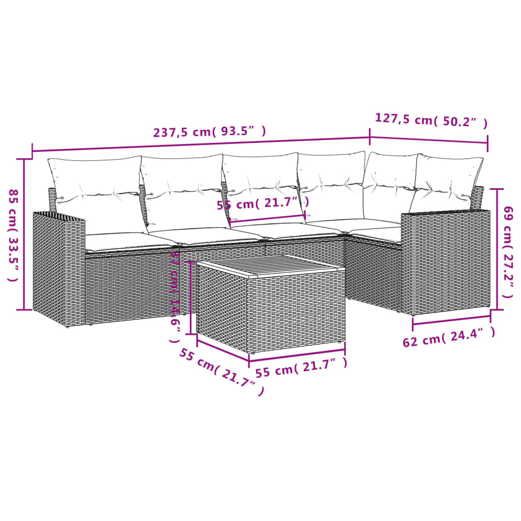 6-delige Loungeset met kussens poly rattan zwart