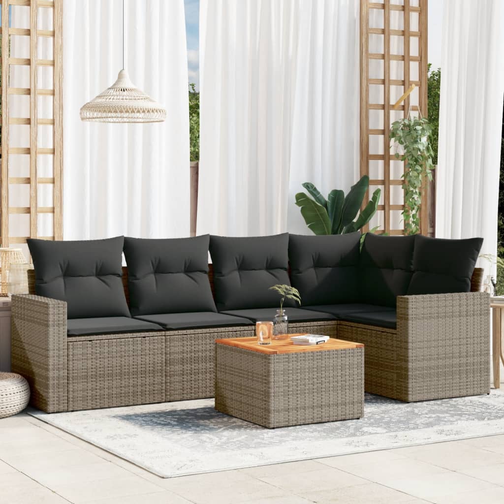 6-delige Loungeset met kussens poly rattan grijs