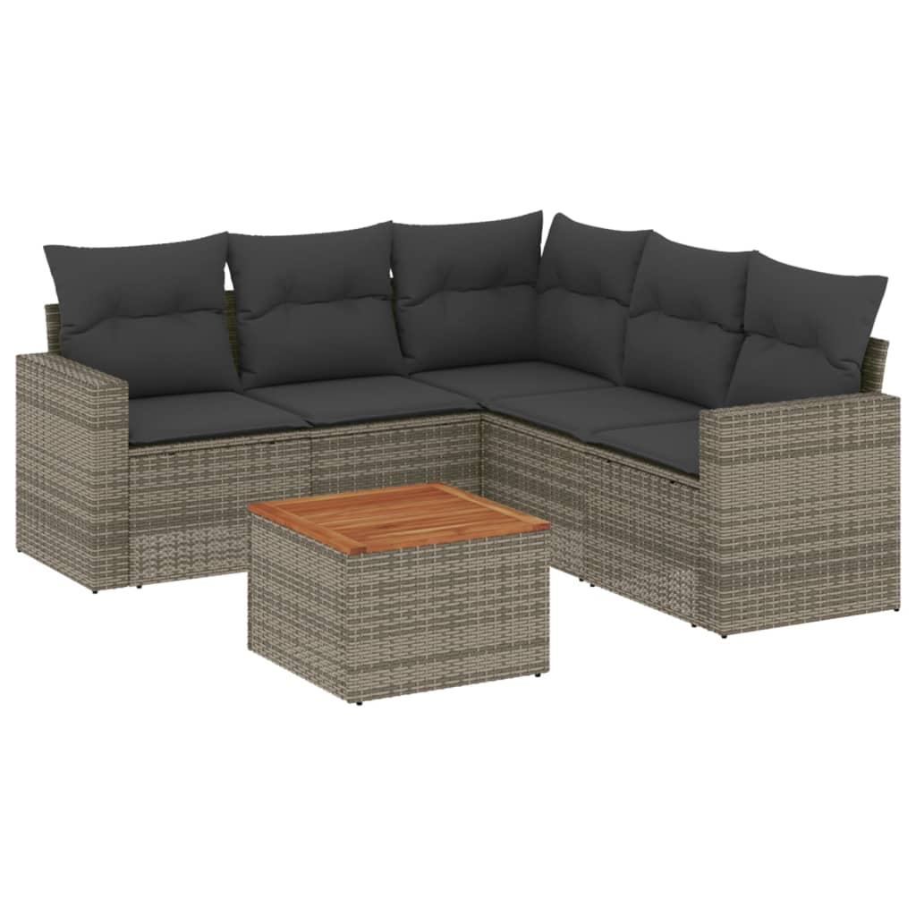 6-delige Loungeset met kussens poly rattan grijs