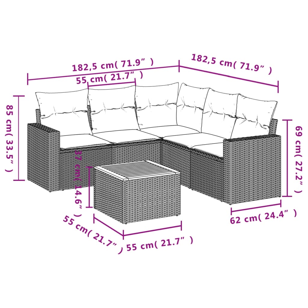 6-delige Loungeset met kussens poly rattan grijs