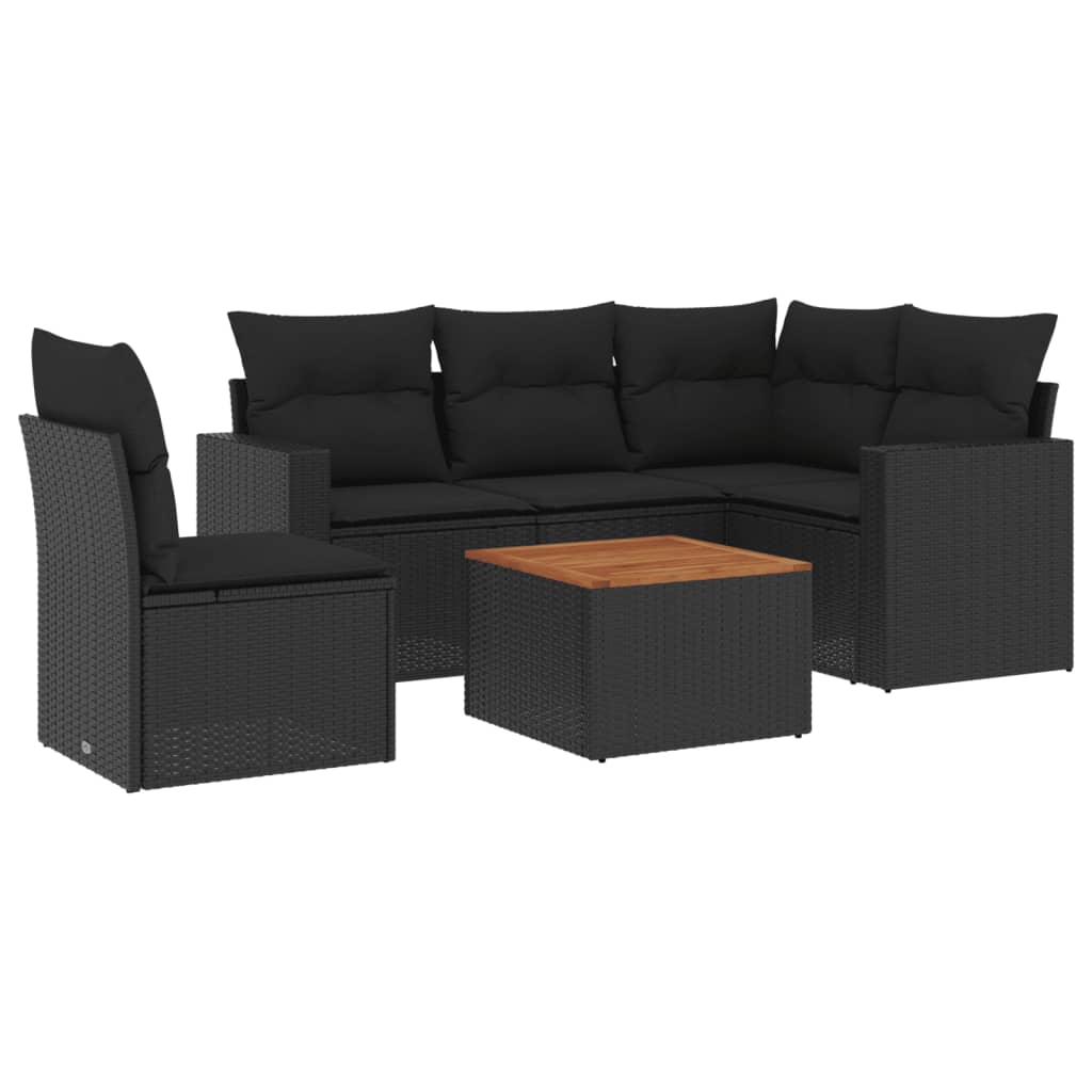 6-delige Loungeset met kussens poly rattan zwart