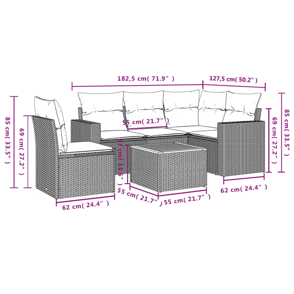 6-delige Loungeset met kussens poly rattan zwart