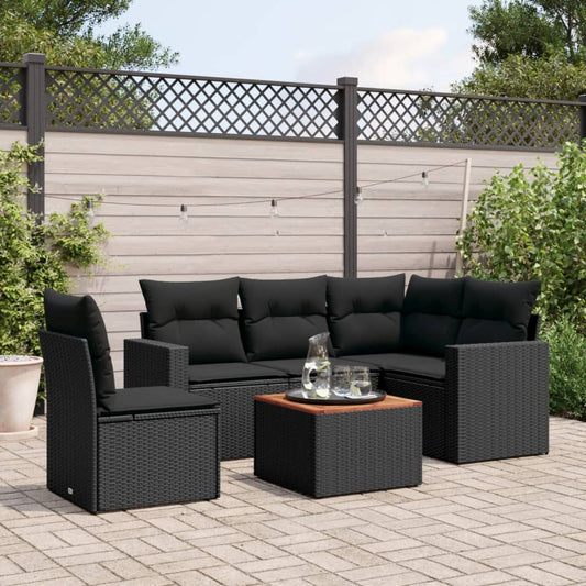 6-delige Loungeset met kussens poly rattan zwart