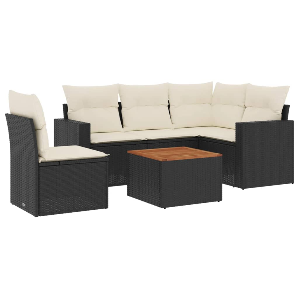 6-delige Loungeset met kussens poly rattan zwart