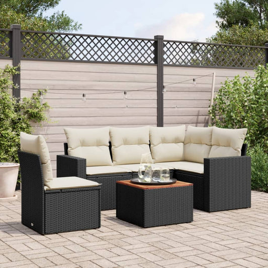 6-delige Loungeset met kussens poly rattan zwart