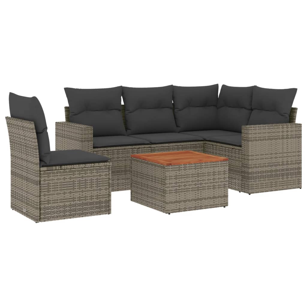 6-delige Loungeset met kussens poly rattan grijs