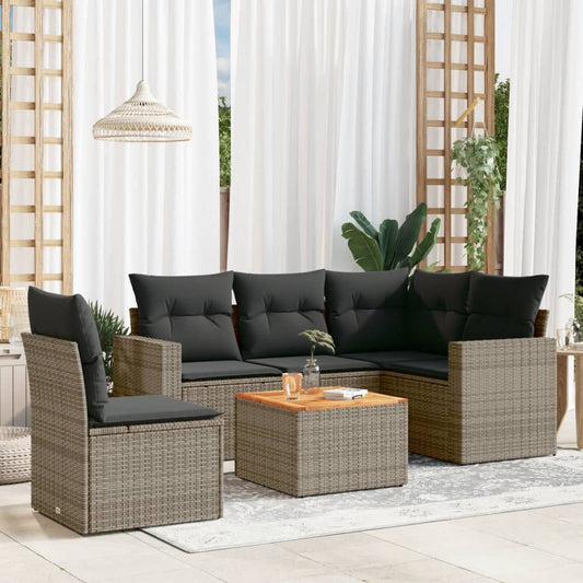 6-delige Loungeset met kussens poly rattan grijs