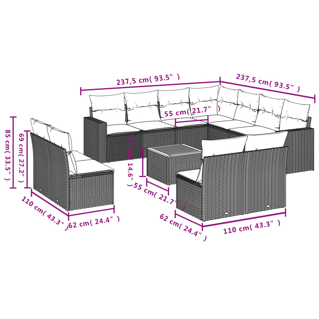 12-delige Loungeset met kussens poly rattan grijs