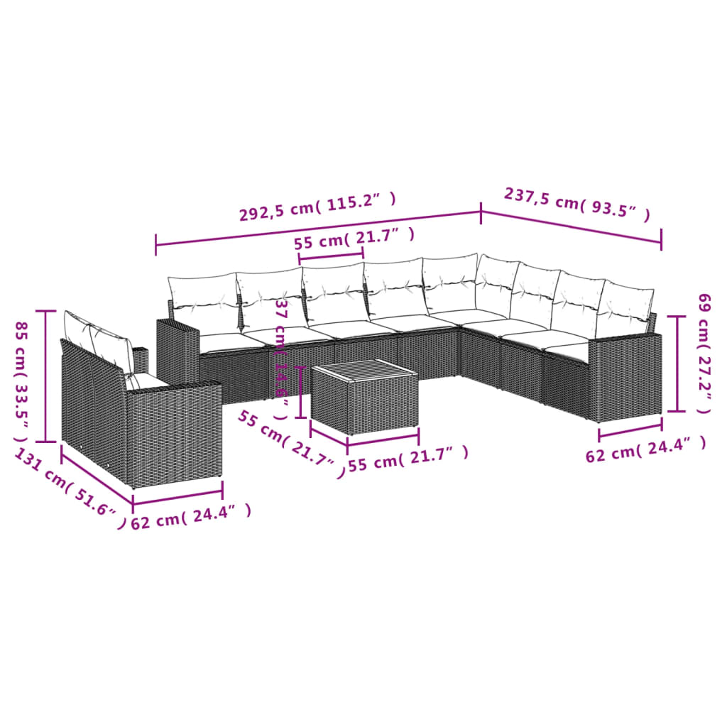 11-delige Tuinset met kussens poly rattan beige