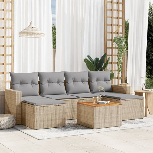 7-delige Loungeset met kussens poly rattan beige