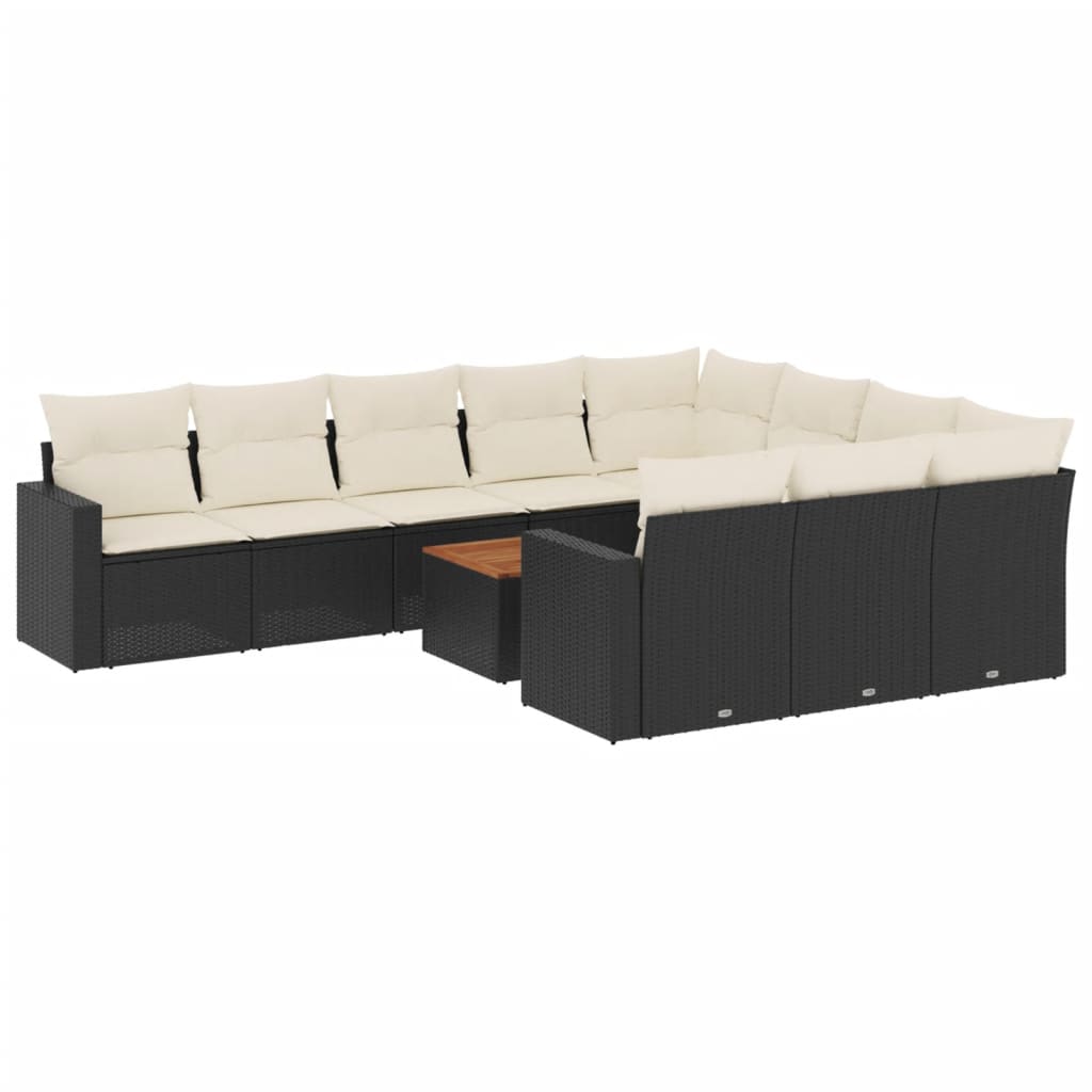 11-delige Loungeset met kussens poly rattan zwart