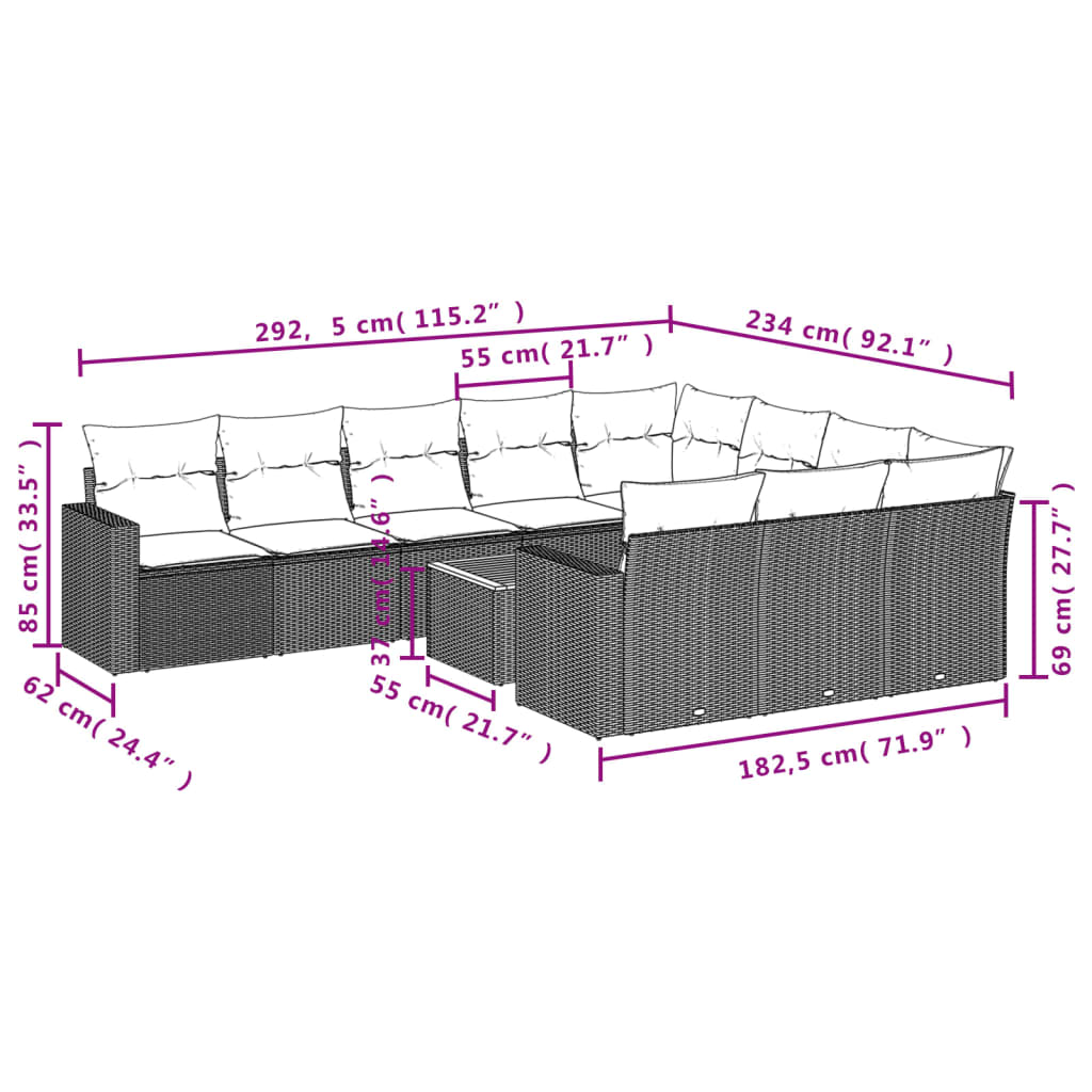 11-delige Loungeset met kussens poly rattan zwart