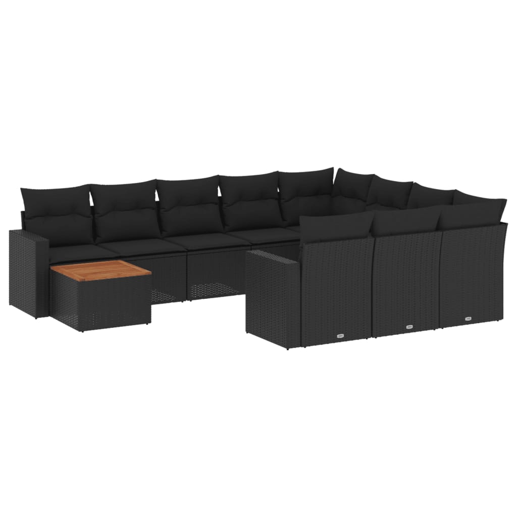 11-delige Loungeset met kussens poly rattan zwart