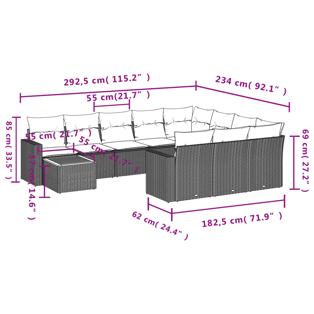 11-delige Loungeset met kussens poly rattan zwart