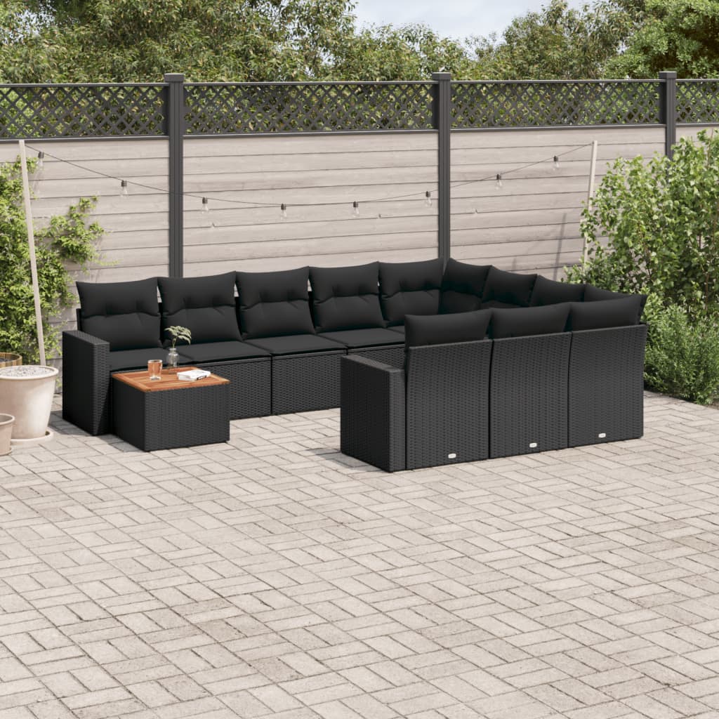 11-delige Loungeset met kussens poly rattan zwart