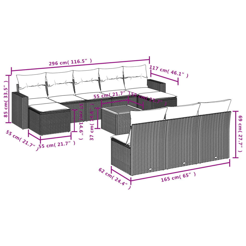 11-delige Loungeset met kussens poly rattan grijs