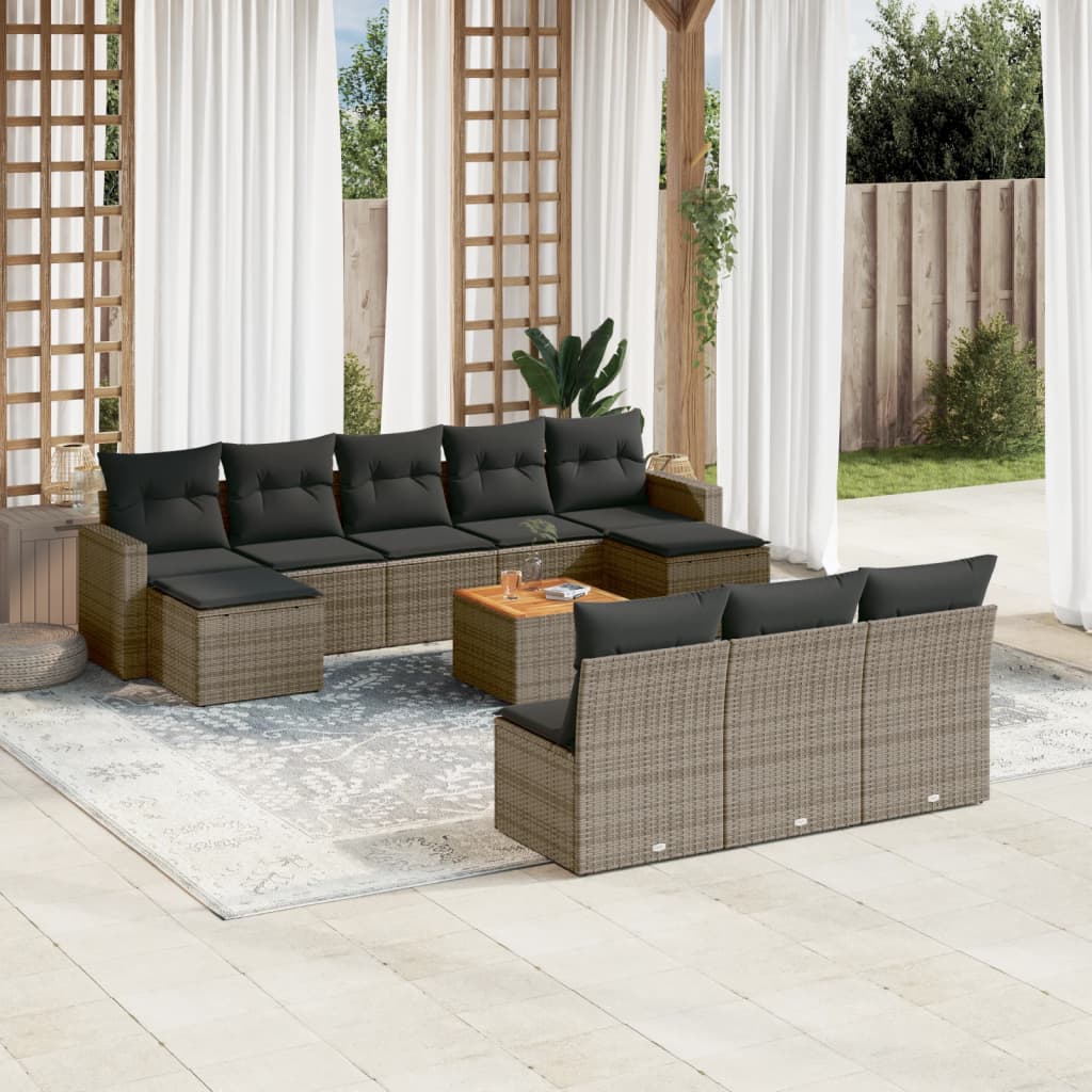 11-delige Loungeset met kussens poly rattan grijs