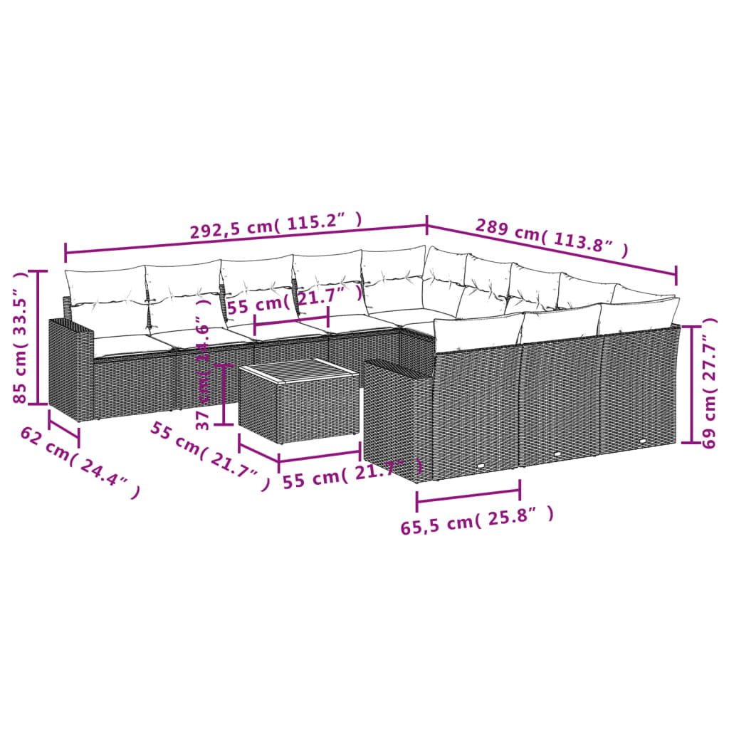 12-delige Loungeset met kussens poly rattan beige