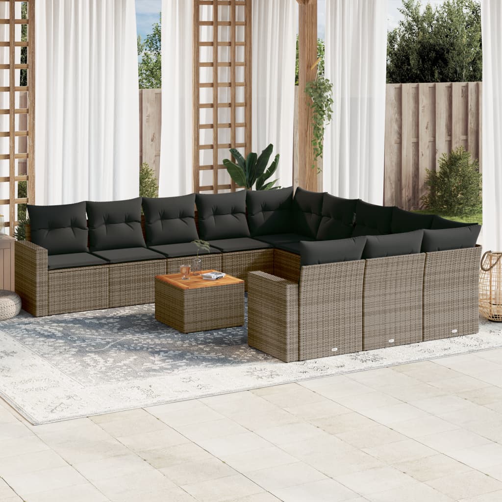 12-delige Loungeset met kussens poly rattan grijs