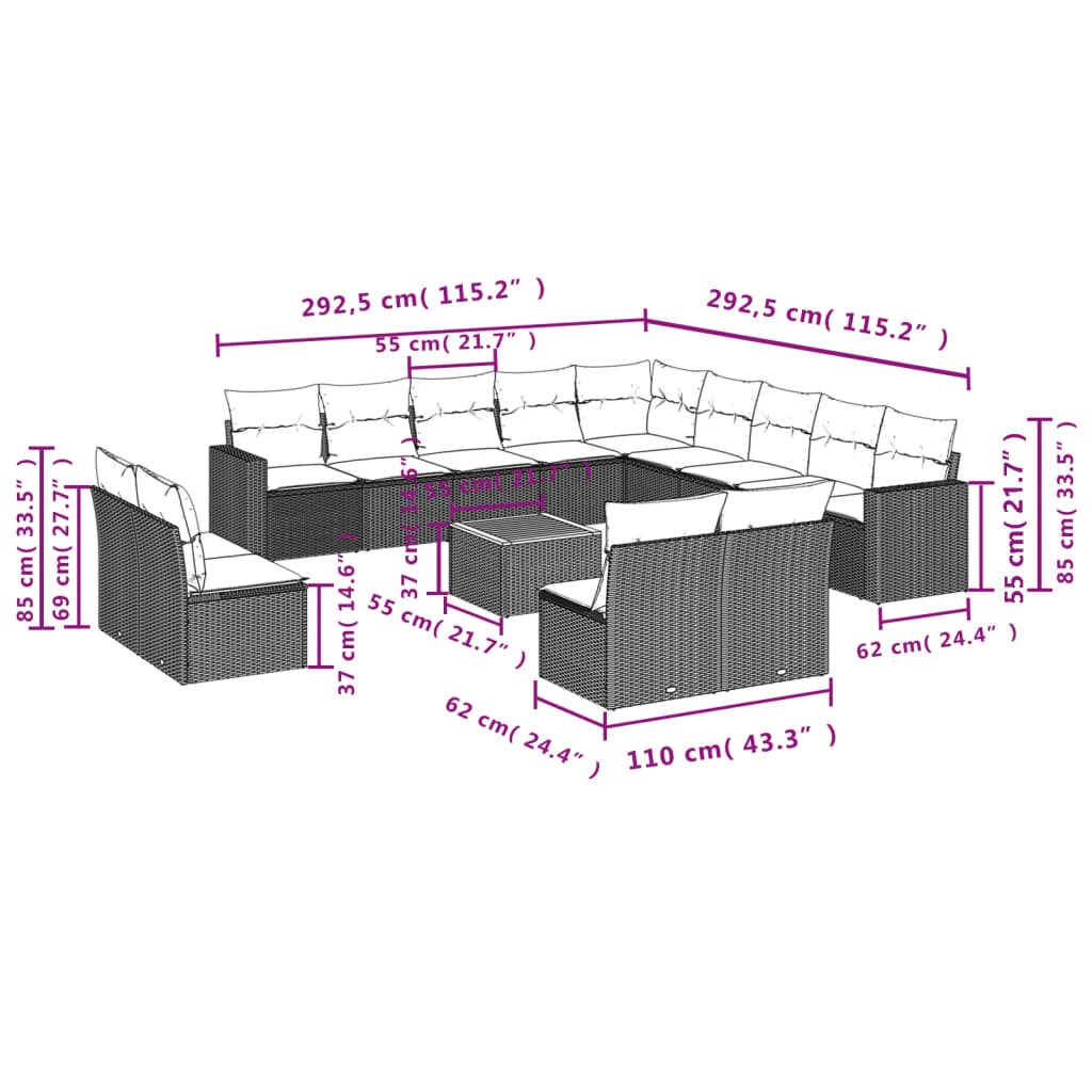 14-delige Loungeset met kussens poly rattan zwart