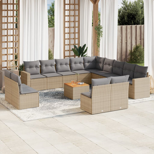 14-delige Loungeset met kussens poly rattan beige