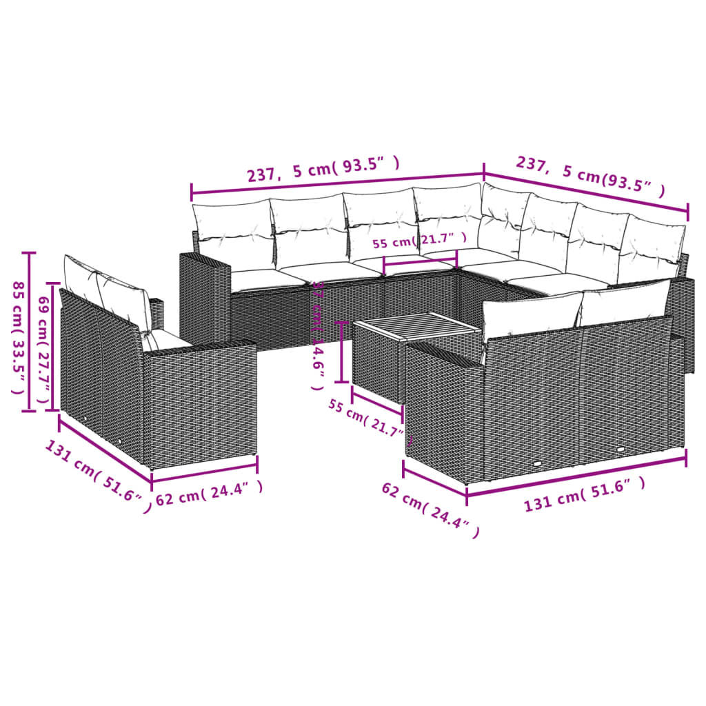 12-delige Loungeset met kussens poly rattan zwart Modulaire tuinbanken | Creëer jouw Trendy Thuis | Gratis bezorgd & Retour | Trendy.nl