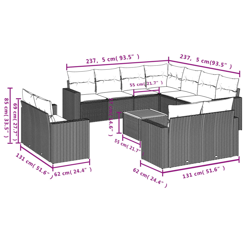 12-delige Loungeset met kussens poly rattan beige