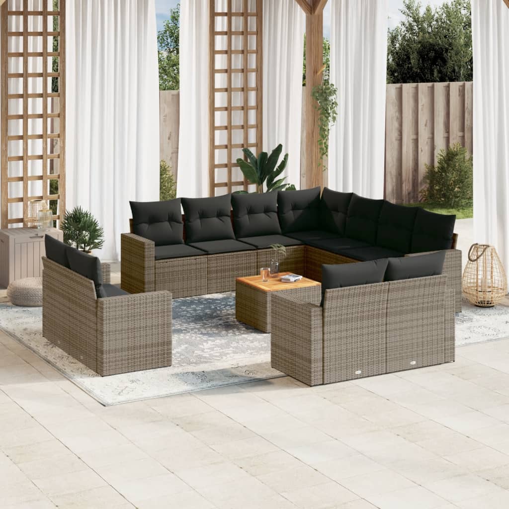 12-delige Loungeset met kussens poly rattan grijs