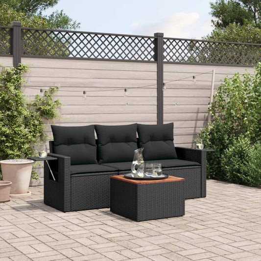 4-delige Loungeset met kussens poly rattan zwart