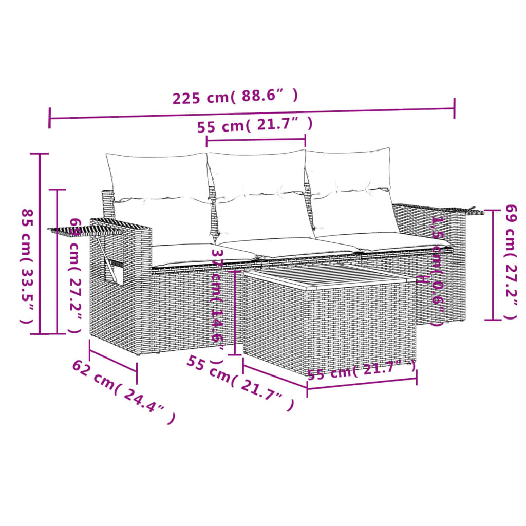 4-delige Loungeset met kussens poly rattan beige