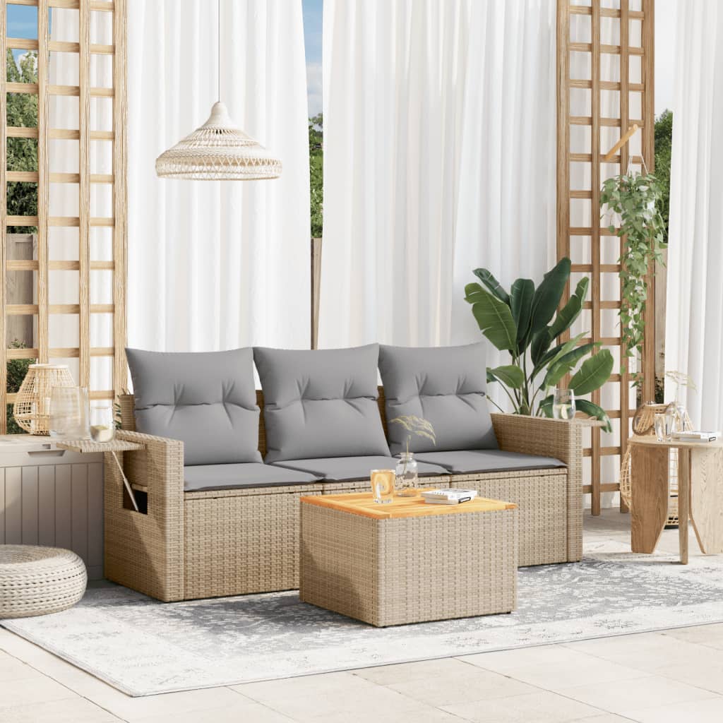 4-delige Loungeset met kussens poly rattan beige