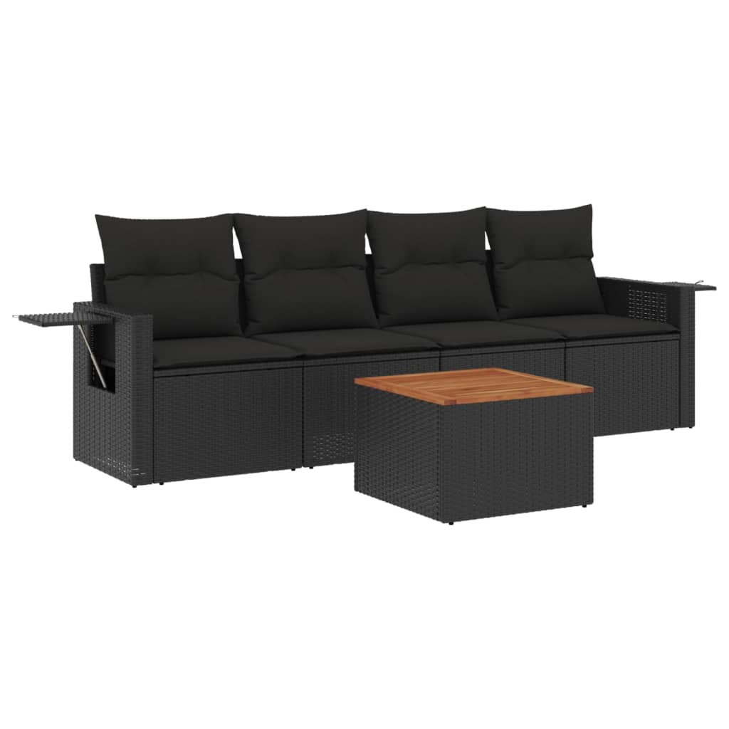 5-delige Loungeset met kussens poly rattan zwart