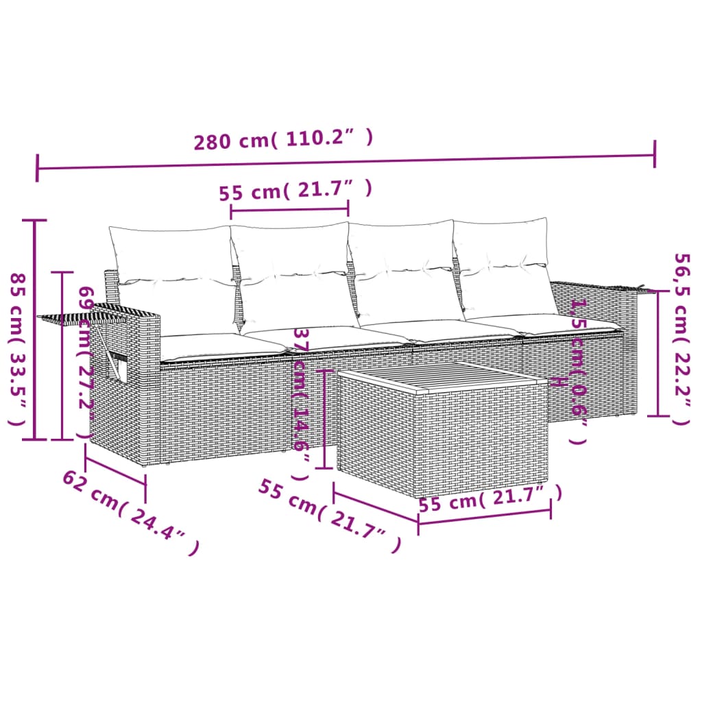 5-delige Loungeset met kussens poly rattan zwart