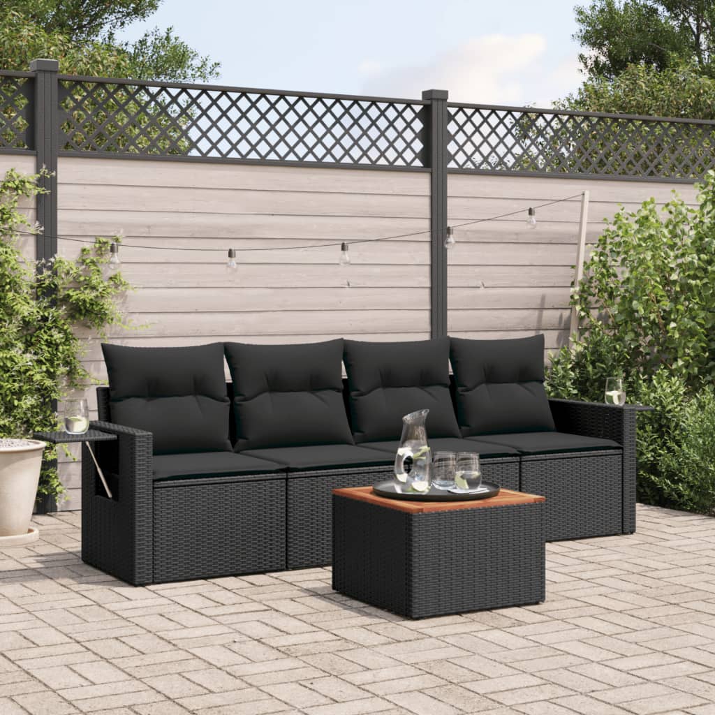 5-delige Loungeset met kussens poly rattan zwart