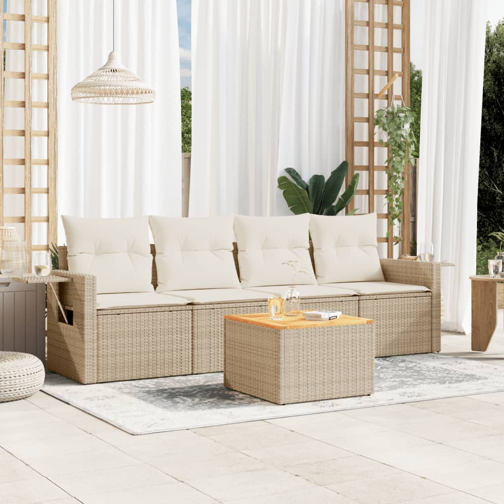 5-delige Loungeset met kussens poly rattan beige