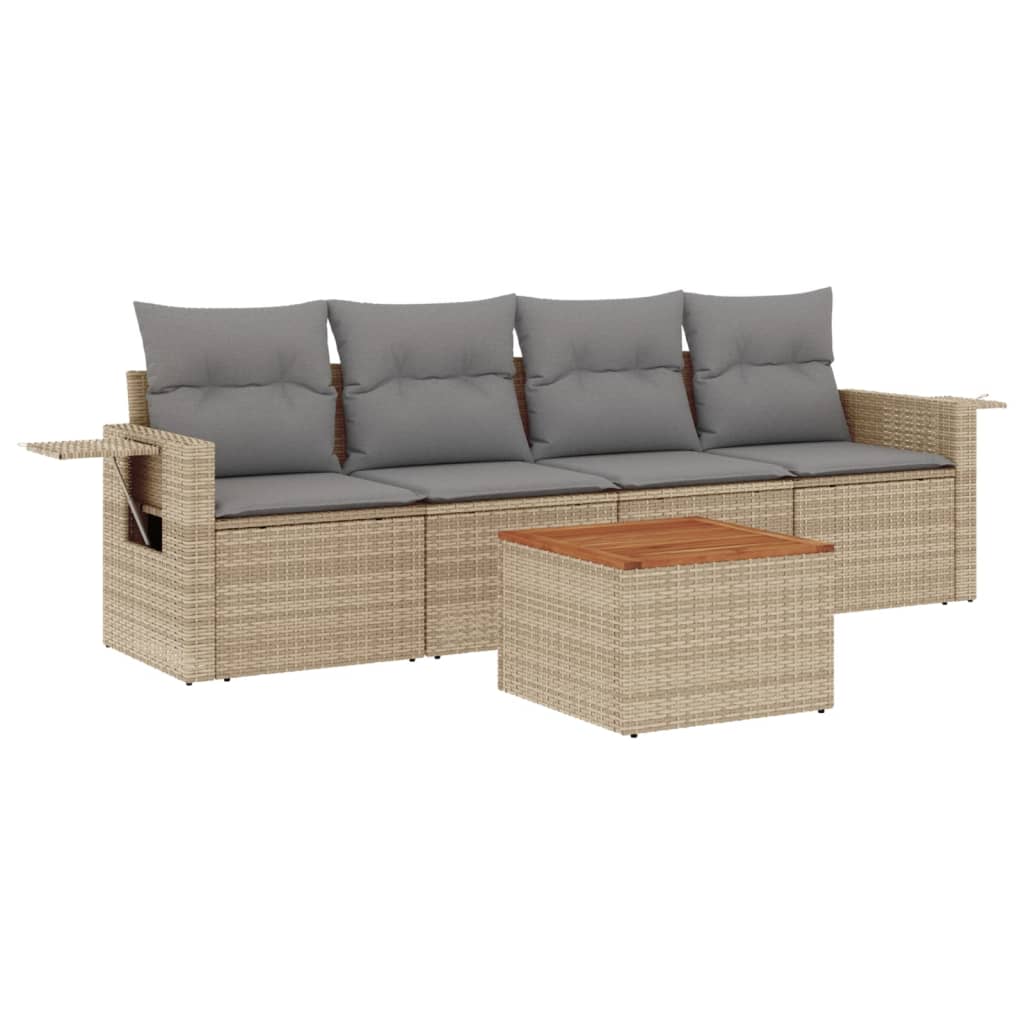 5-delige Loungeset met kussens poly rattan beige