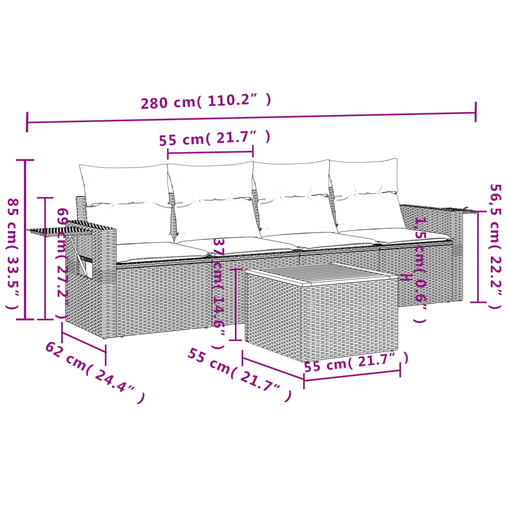 5-delige Loungeset met kussens poly rattan beige