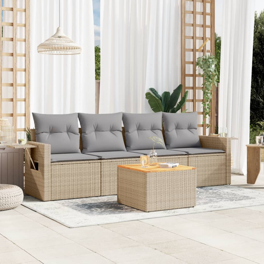 5-delige Loungeset met kussens poly rattan beige