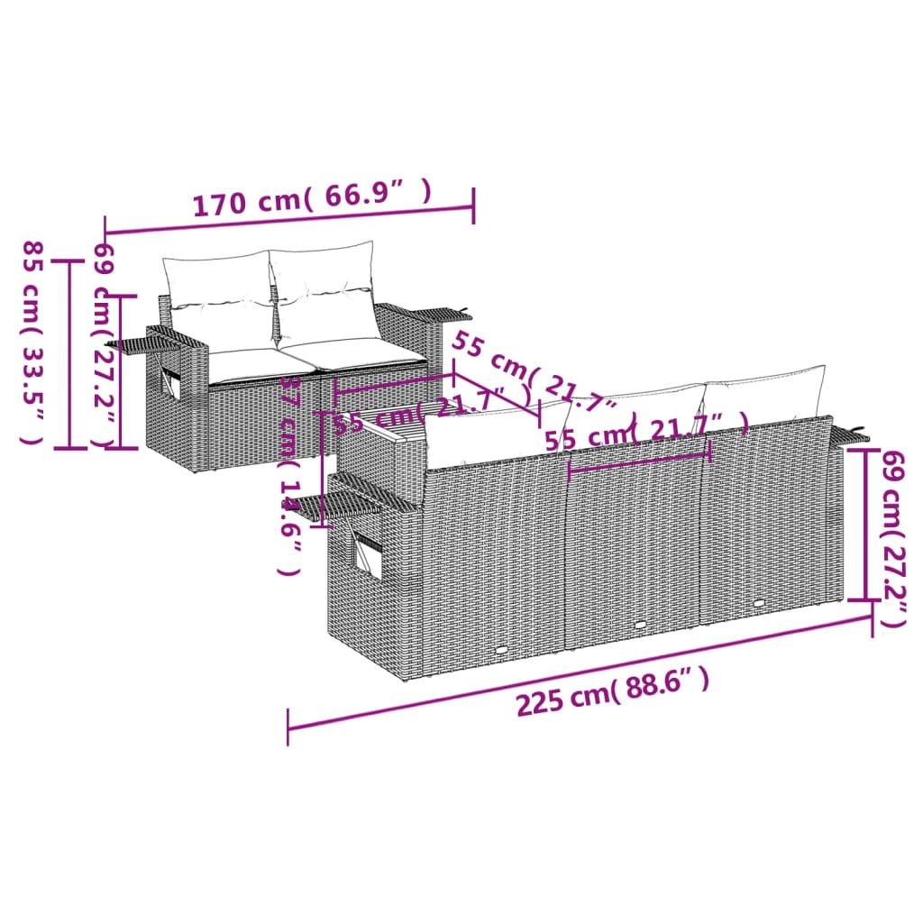 6-delige Loungeset met kussens poly rattan grijs Modulaire tuinbanken | Creëer jouw Trendy Thuis | Gratis bezorgd & Retour | Trendy.nl