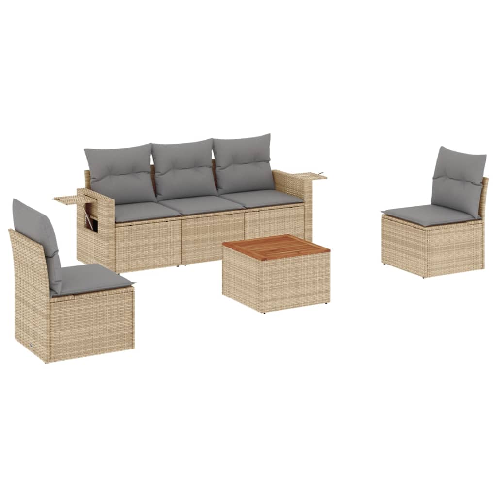 6-delige Loungeset met kussens poly rattan beige