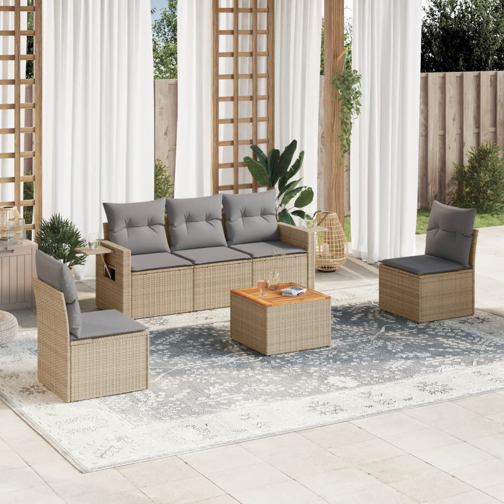 6-delige Loungeset met kussens poly rattan beige