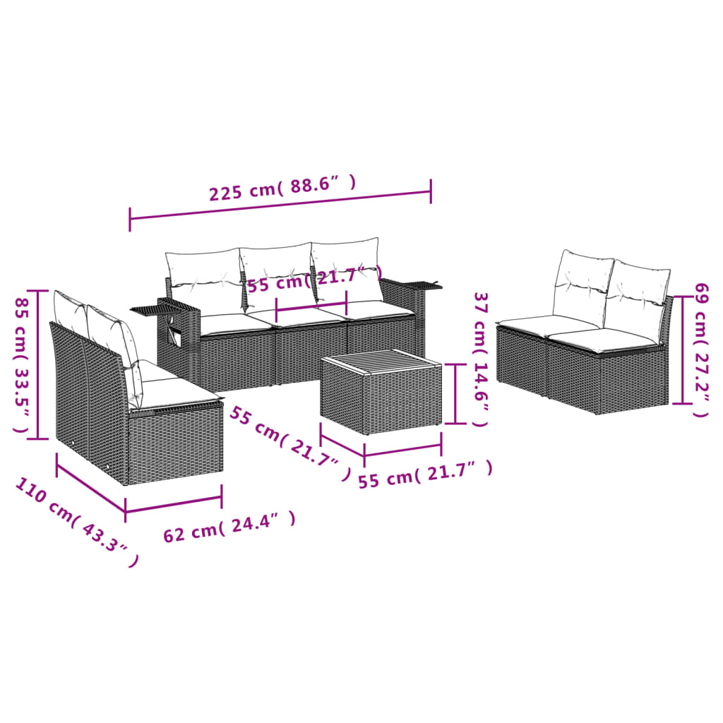 8-delige Loungeset met kussens poly rattan zwart Modulaire tuinbanken | Creëer jouw Trendy Thuis | Gratis bezorgd & Retour | Trendy.nl