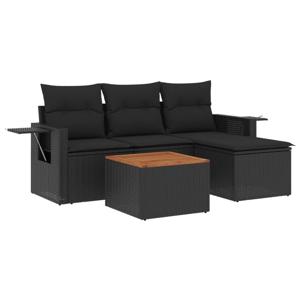 5-delige Loungeset met kussens poly rattan zwart