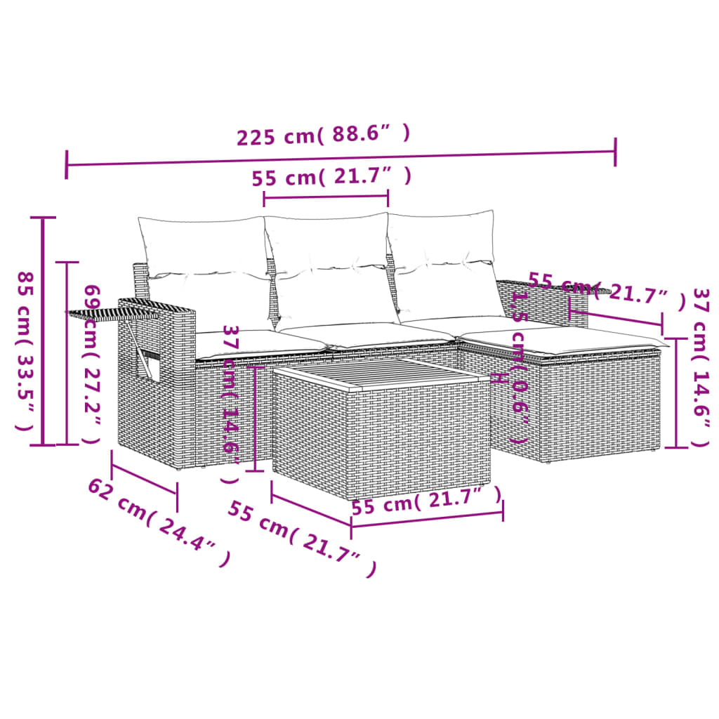 5-delige Loungeset met kussens poly rattan zwart