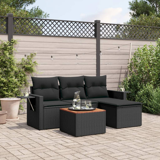 5-delige Loungeset met kussens poly rattan zwart