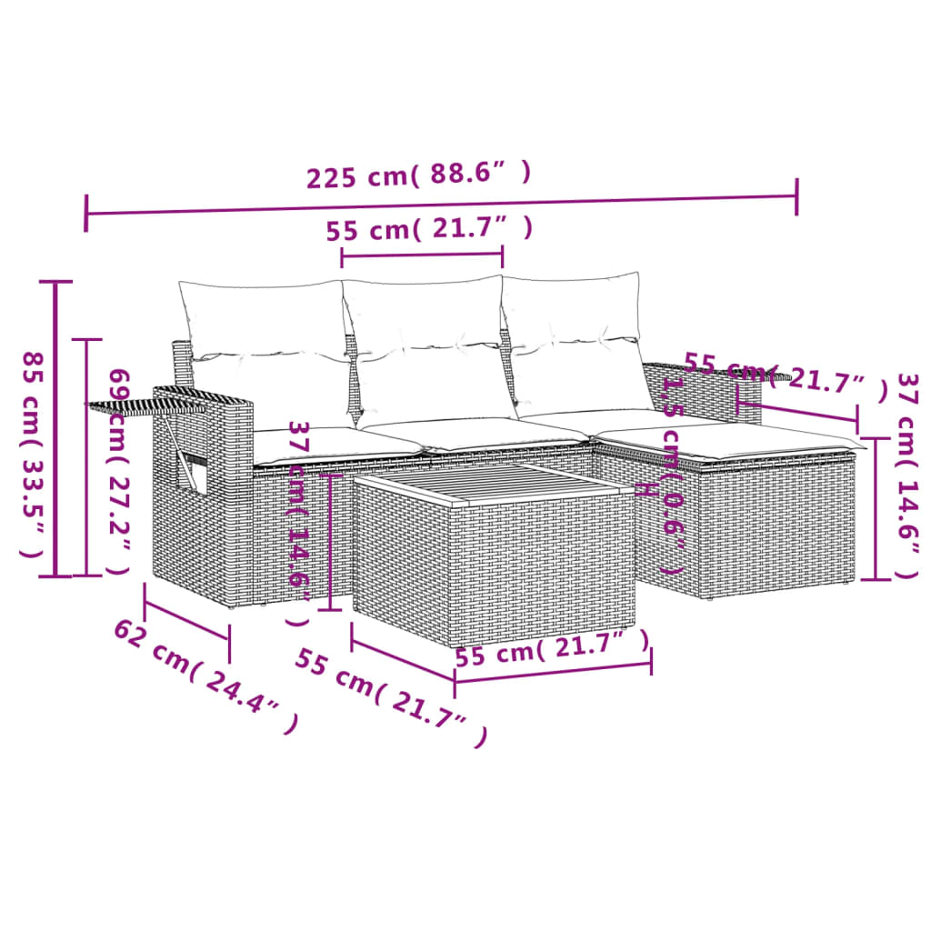 5-delige Loungeset met kussens poly rattan beige