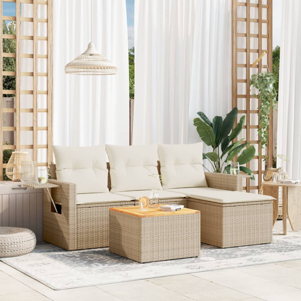 5-delige Loungeset met kussens poly rattan beige