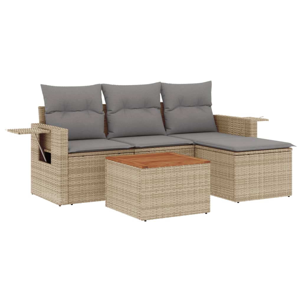 5-delige Loungeset met kussens poly rattan beige