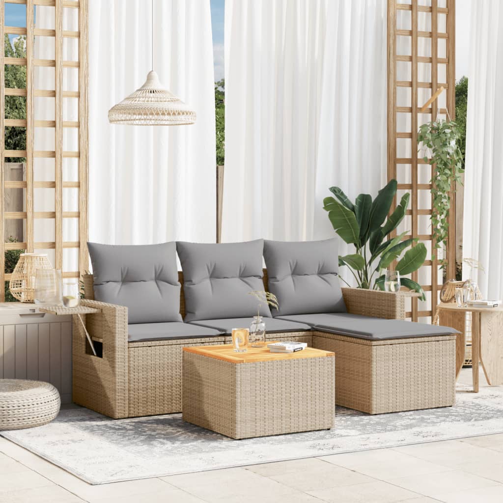 5-delige Loungeset met kussens poly rattan beige