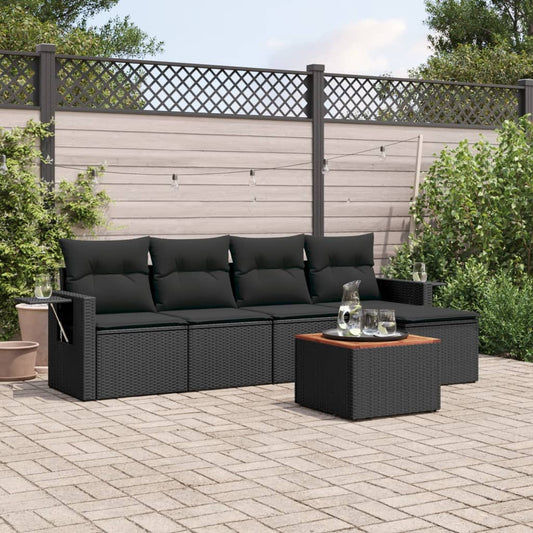 6-delige Loungeset met kussens poly rattan zwart